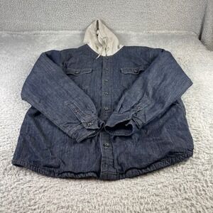 Wrangler Authentics Mens Denim Snap Front Hooded Shirt Jacket L Dark Wash